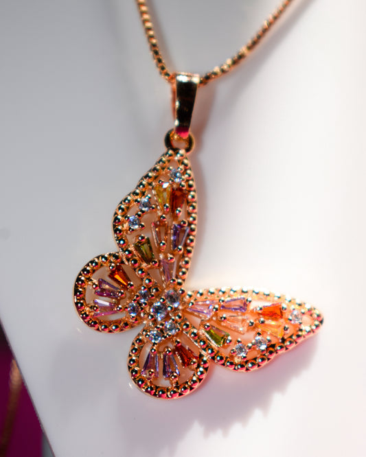 Gold-Tone Butterfly Pendant Necklace with Multicolor Crystals – Imitation Jewelry