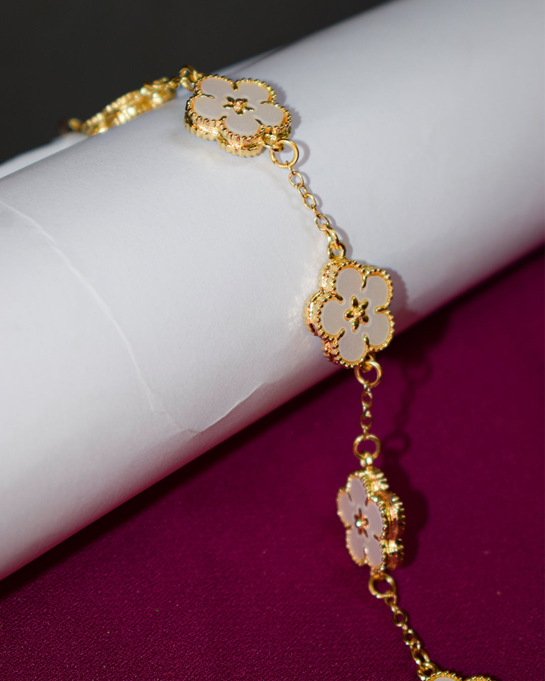 Gold-Tone White Enamel Flower Bracelet – Premium Imitation Jewelry
