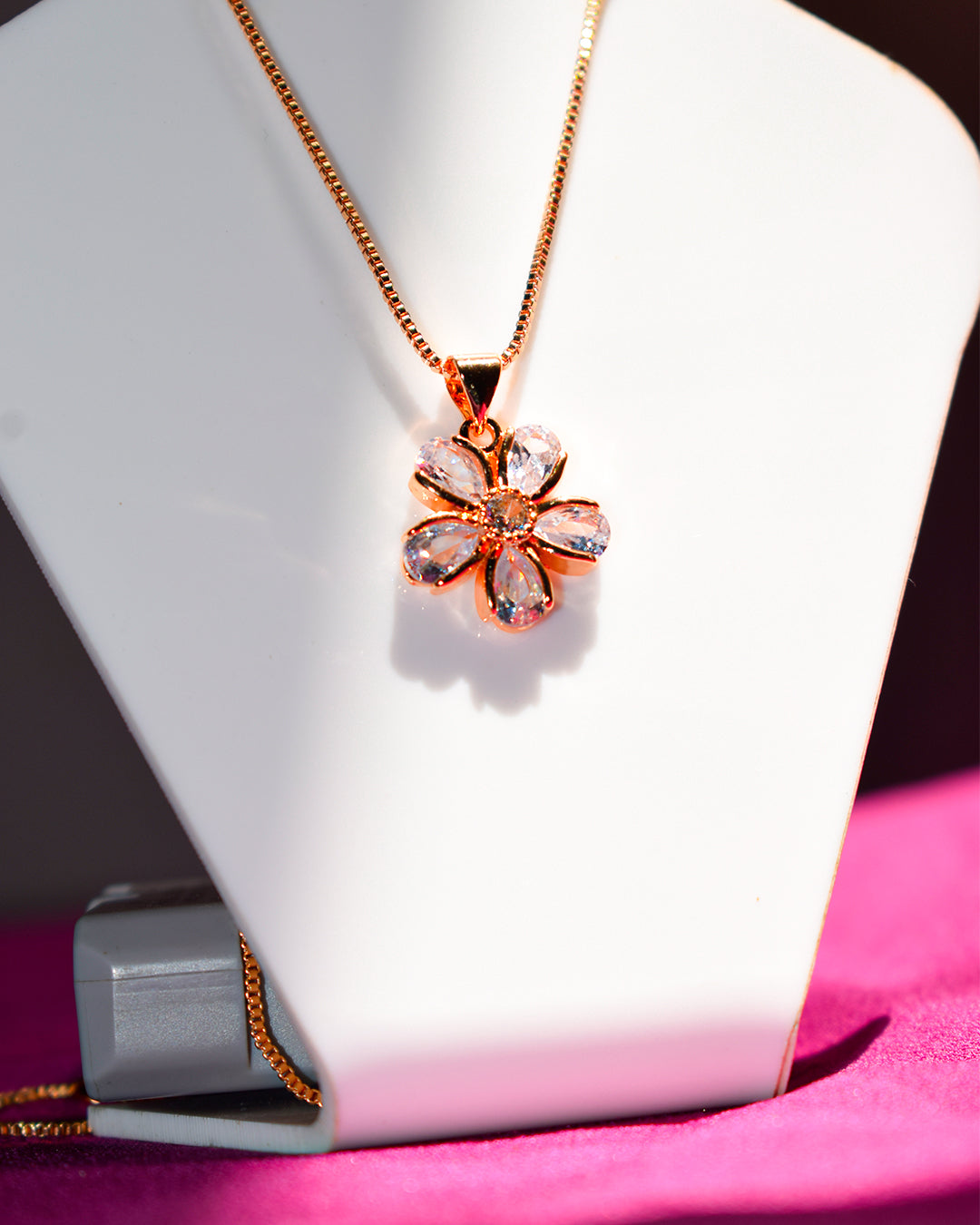 Gold-Tone Flower Pendant Necklace with Clear Crystals – Imitation Jewelry