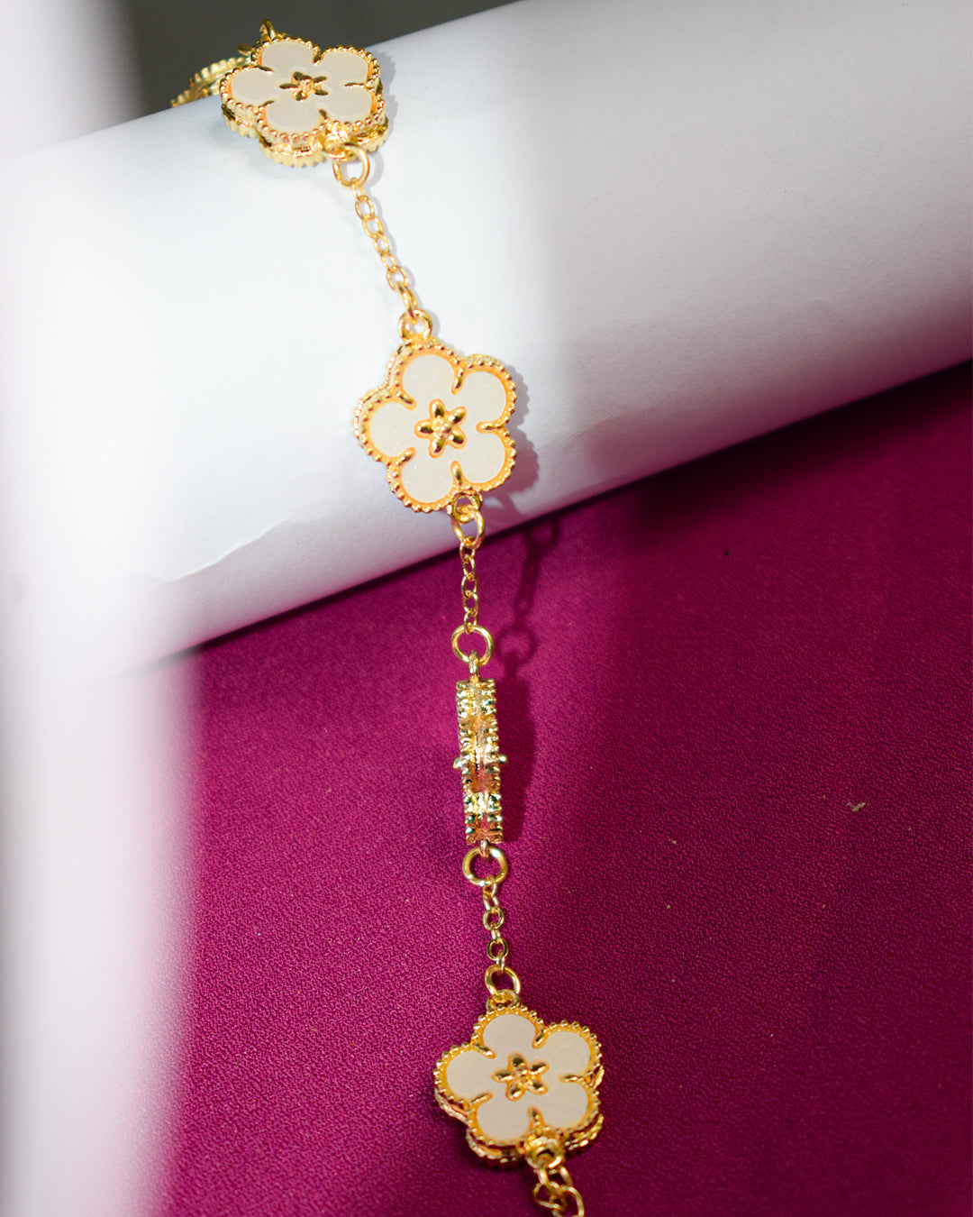 Gold-Tone White Enamel Flower Bracelet – Premium Imitation Jewelry