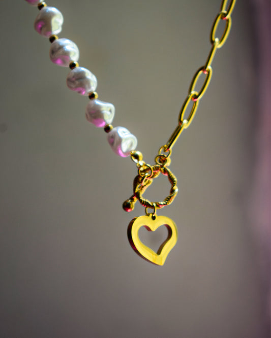 Gold-Tone Heart Pendant Necklace with Pearl Beads – Imitation Jewelry