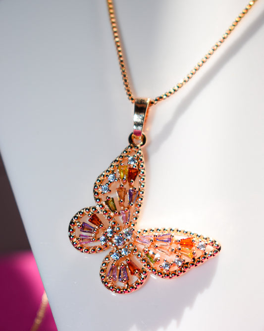 Gold-Tone Butterfly Pendant Necklace with Multicolor Crystals – Imitation Jewelry