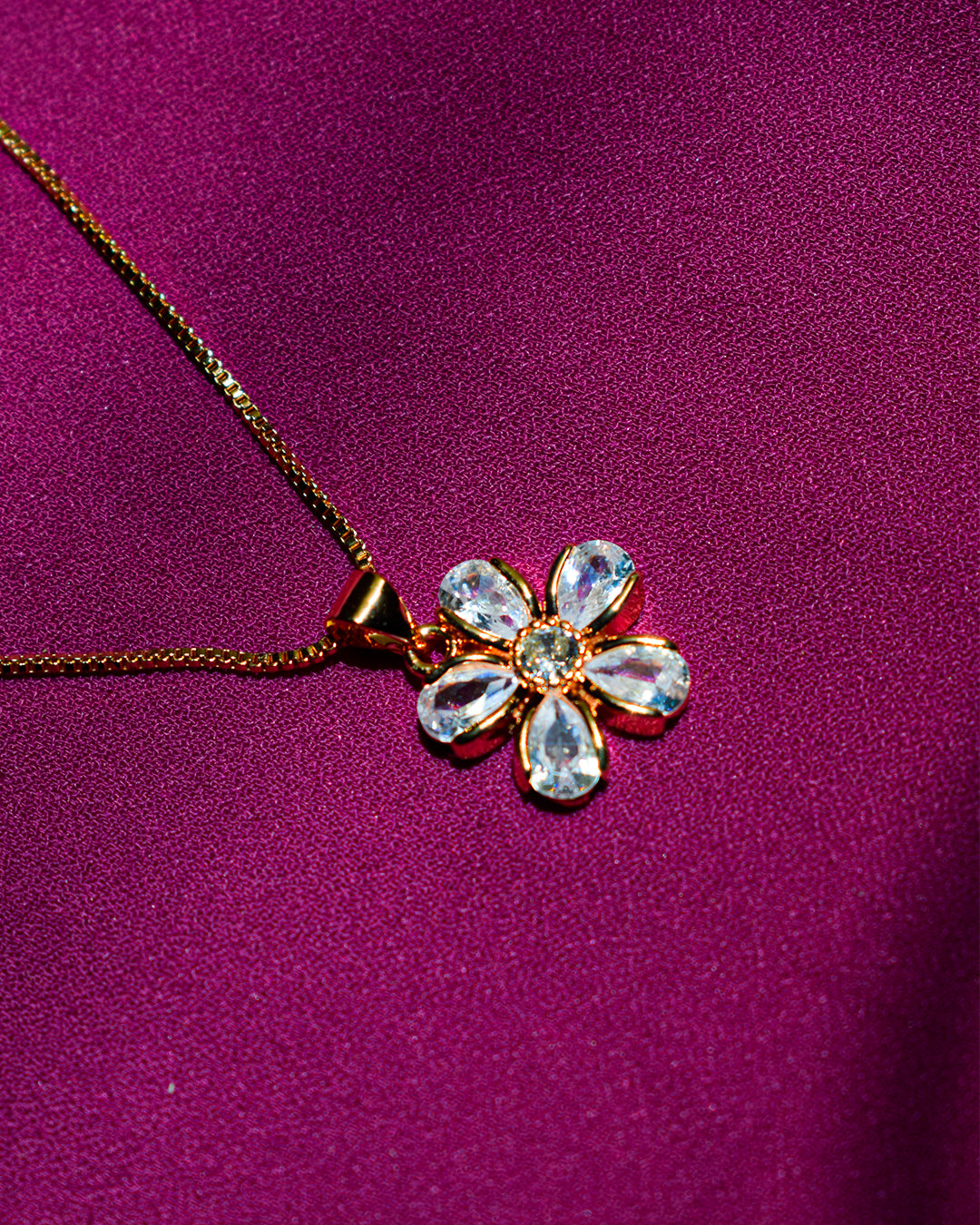 Gold-Tone Flower Pendant Necklace with Clear Crystals – Imitation Jewelry