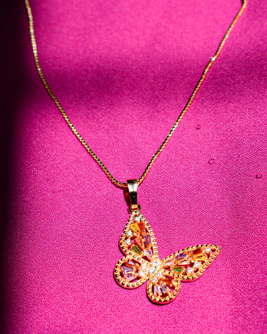 Gold-Tone Butterfly Pendant Necklace with Multicolor Crystals – Imitation Jewelry